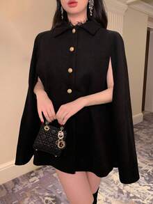 DAZY 女士加大码加厚羊毛披肩外套，复古优雅高端秋冬斗篷夹克 - 黑色 - 查看 12