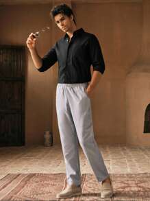 Manfinity VCAY 男士休闲梭织条纹中腰纽扣装饰锥形裤 - 彩色 - 查看 4