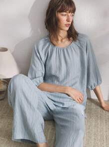 Ocili 天然亚麻条纹女士睡衣套装，舒适 - 藍色 - 查看 6
