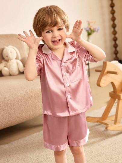 FamilyFrolics Young Boy's Basic Color Front Button Short Sleeve Top And Shorts, Casual Loungewear Set