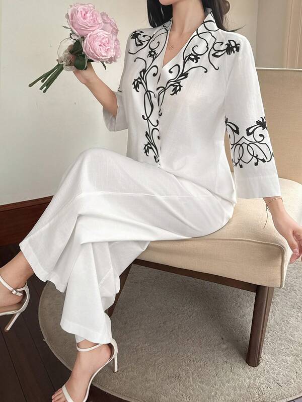 DAZY Set de 2 piezas de camisa y pantalón con patrón vintage para mujer, para primavera/verano
