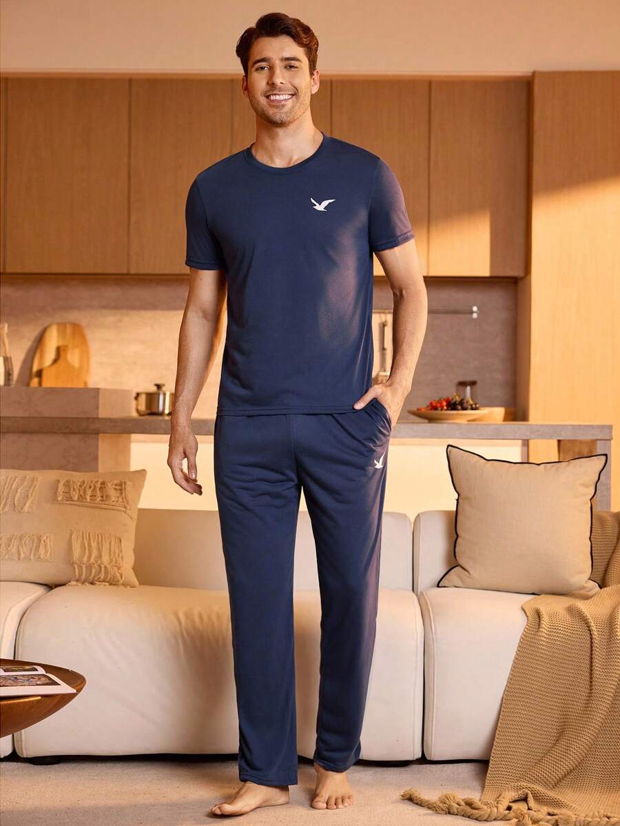 Snug Zone Men's Bird Printed Short-Sleeved T-Shirt And Long Pants Homewear Set, Suitable For Summer - Royal Blue - View 1