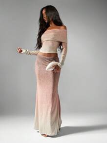 MISSGUIDED 闪光渐变色巴铎套装，搭配长袖短款上衣和超长裙，适合节日晚会、婚礼宾客服装 - 棕色 - 查看 5