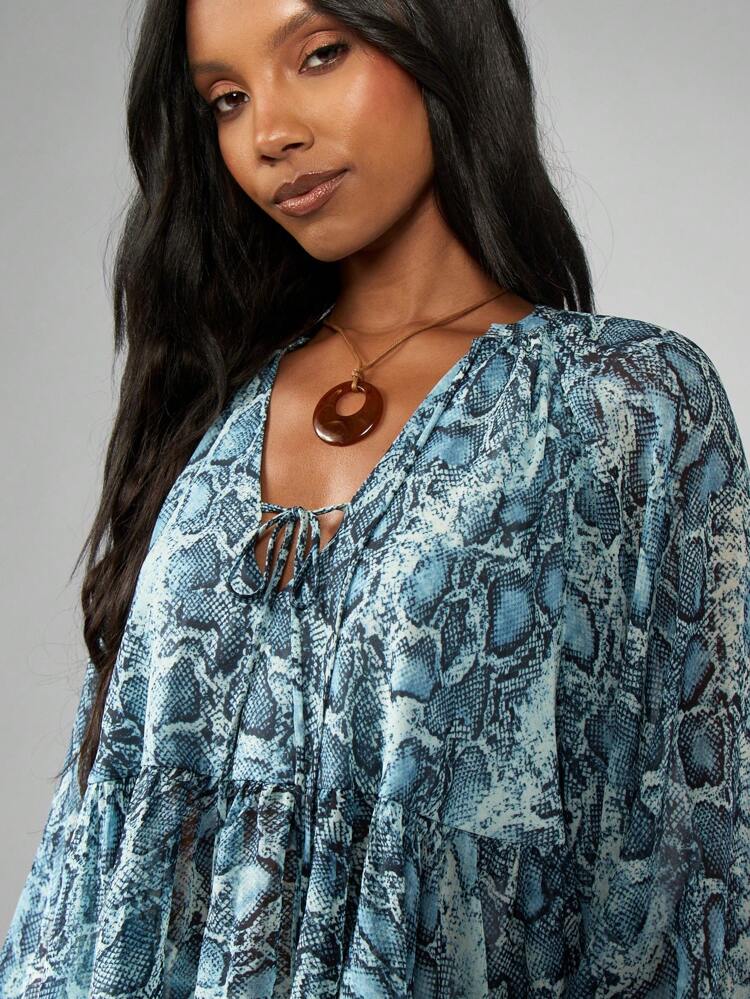 MISSGUIDED Balloon Sleeve Blouse Snake Python Print V Neck Boho Chic Long Sleeve Peasant Top Wide Flowing Empire Waist Pleated Fall Winter Fashion