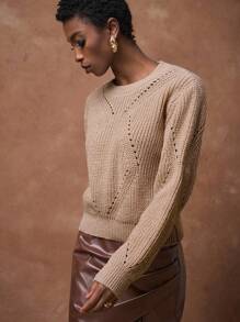 Zivah New Early Autumn, Autumn And Winter Back-To-School Season, Music Festival, Carnival, Casual Street Style, Sexy Daily Date, Popular Online Fashion, Casual Elegant Commuting, OL Style, Fake Style, Round Neck, Long Sleeve, Texture, Woolen, Crochet, Khaki Pullover, Women's Sweater Work Wear Women Back To School Winter Women Concert - Khaki - View 3