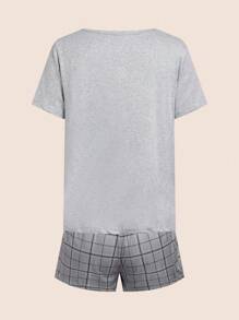 Bộ đồ ngủ áo thun tay ngắn cổ tròn màu trơn cho nữ và quần short kẻ sọc - Xám - Xem 2