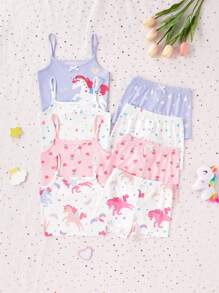 8件套女童独角兽、心形、月亮、星星和花卉图案夏季背心和内裤套装。适合小女孩穿着，柔软透气，可机洗，舒适贴身，设计简约。（4件套单独出售），女童内衣套装，舒适贴身睡衣，女童独角兽睡衣，返校时尚，返校时尚 - 彩色 - 查看 3
