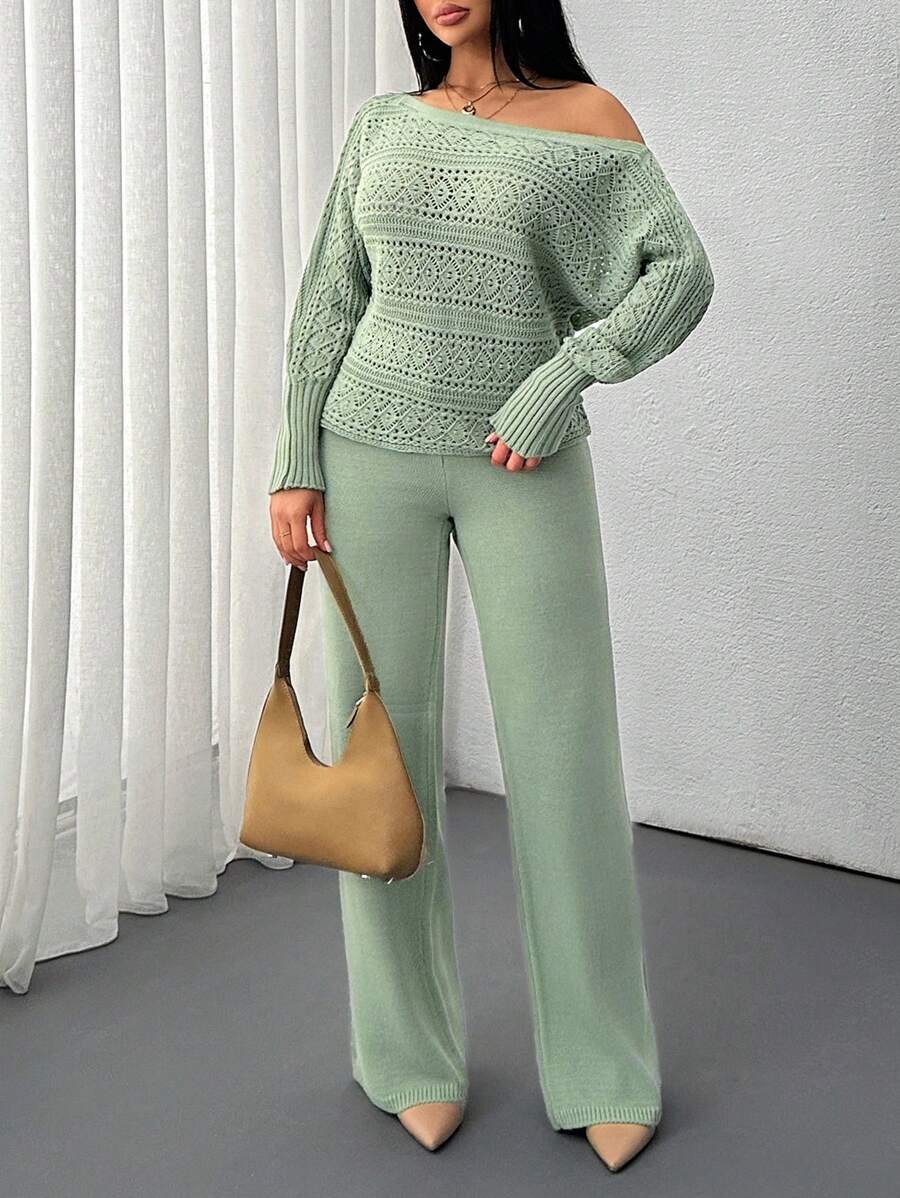 EURMUSE Solid Color Holo Out Batwing Sleeve Sweater, Spring/Fall Season, Long Sleeve Top And Sweater Pant Comfortable Two Piece Set