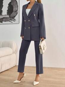 EURMUSE Completo casual da donna: giacca doppiopetto a manica lunga con collo a risvolto in colore unito e pantaloni - Grigio Scuro - Visualizzare 4