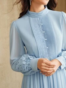 Anewsta Elegant French Style Patchwork Embroidered Lace Design Blue Dress For Women - Blue - View 2