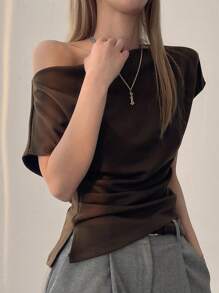 DAZY 女式斜肩褶饰腰休闲T恤学院风上衣 - 棕色 - 查看 2