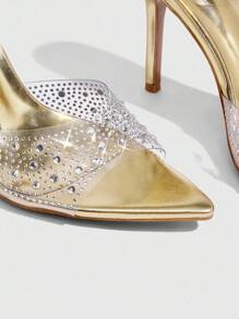 CUCCOO SZL Women Transparent TPU Rhinestone-Embellished Metal Pointed Toe Sexy Fashion Mule High Heel Sandals - Gold - View 5