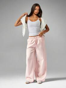 MISSGUIDED Quần dài ống rộng thoải mái, có dây rút, in họa tiết số, mặc nhà, mặc nhà mùa thu đông, mặc thoải mái, mặc dạo phố, ấm áp - Hồng - Xem 3