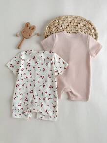 Loomiva 2件套新生女婴花卉针织柔软圆领短袖连体衣和短裤套装 - 杏色 - 查看 2