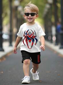 SHEIN Conjunto de camiseta de manga corta y pantalón corto informal con patrón de araña de dibujos animados para niño joven, adecuado para el verano