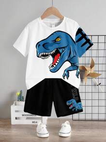 SHEIN Leap Crew 2 件幼儿男童休闲简约圆领短袖 T 恤和短裤套装，适合夏季 - 彩色 - 查看 3