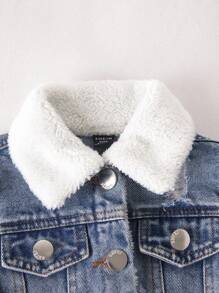 SHEIN Playful Pals Newborn Baby Boy Washed Casual Loose All-Match Denim Jacket & Coat, Turndown Collar, Lamb Wool Lining, Comfortable & Warm, Minimalist & Fashionable, Suitable For Autumn/Winter Fall
