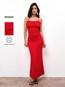 Maija Red Lace-Up Design Knitted Fitted A-Line Dress For Women, Suitable For Spring/Summer Festivals - Red - View 1
