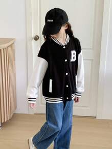 青少年女孩休闲字母拼布棒球夹克，适合上学和通勤，返校季 - 彩色 - 查看 3