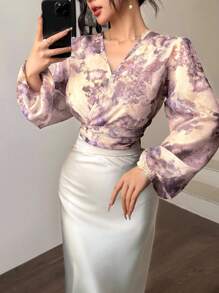 Modelyn Áo cánh Chiffon họa tiết hoa thanh lịch lãng mạn cho nữ, Xuân/Hè - Màu be - Xem 7