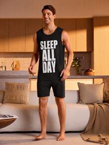 Manfinity Underwear&Sleepwear Basics 男士1入組字母圖案睡衣T恤和1入組睡衣短褲
