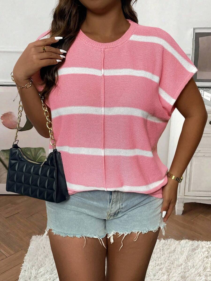 EMERY ROSE 大码女式条纹圆领蝙蝠袖短袖休闲针织衫套头衫秋冬款 - 粉色 - 查看 1