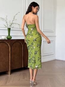 EastFlair 女士花卉亮片镂空性感吊带中长紧身连衣裙 - 綠色 - 查看 6