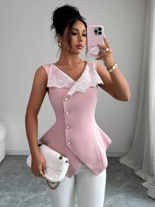 Elenzga Women's Contrast Lace Single-Breasted Sleeveless Small Lapel Lightweight Blazer - Dusty Pink - View 3