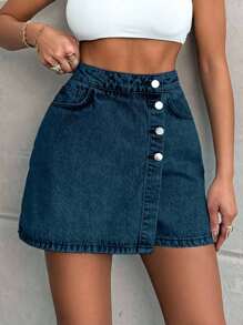EURMUSE 100%Cotton LIGHT WASH BUTTONS DETAIL SHORT SKIRT - Teal Blue - View 6