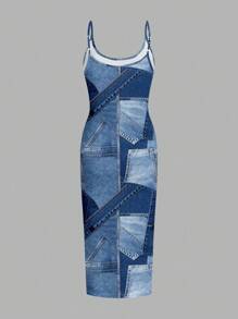 Comfortcana 夏季休闲简约大码女式紧身细肩带连衣裙，蓝色块，纹理面料印花 - 彩色 - 查看 2