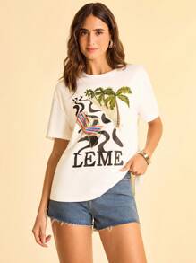 CAJUNI Camiseta de mujer con estampado de árbol de coco para vacaciones en la playa - Blanco - Ver 2