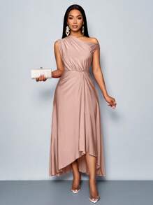 SOLERSUN Thời trang xuân hè cho nữ, tiệc sang trọng, màu tím, chất liệu dệt kim co giãn, thoải mái, chi tiết xếp nếp, váy dài xẻ tà, cổ áo bất đối xứng, viền bất đối xứng - Hồng - Xem 5