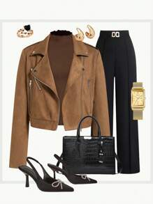 Ellevyn Women Fashion Lapel Collar Zipper Suede Fleece Short Jacket, Autumn Fall Women Clothes  Jacket - Khaki - View 1