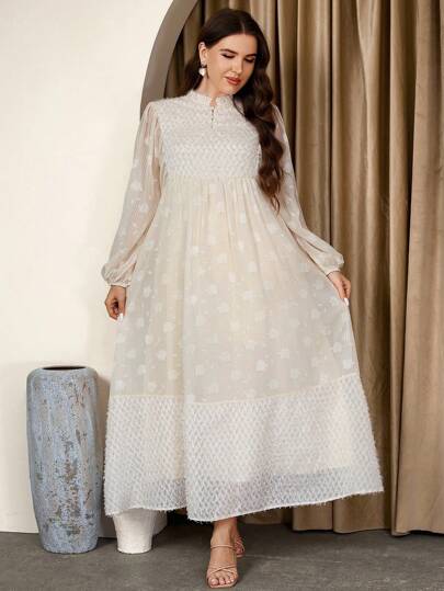 Graceveil Apricot Chiffon Cutwork Jacquard Raglan Sleeve Traditional Conservative Loose Comfortable Versatile Plus Size Dress Fall Cloth For Women