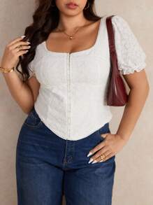 Elaquor Áo thun dáng ôm, màu trơn, chất liệu jacquard, cỡ lớn, thanh lịch, thích hợp cho nữ giáo viên. - trắng - Xem 1