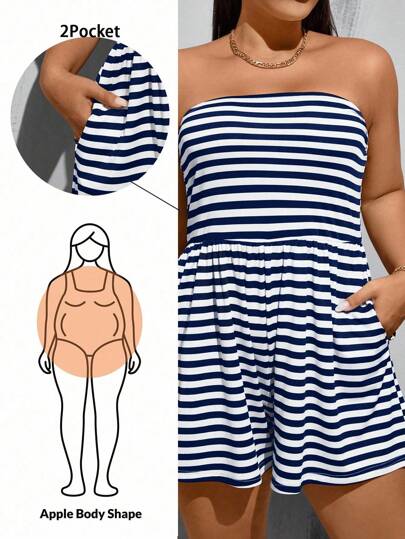 SHEIN Essnce 大码女式连体裤，条纹连体裤，宽松舒适的大码服装，高弹舒适面料，露肩连体裤，夏季服装