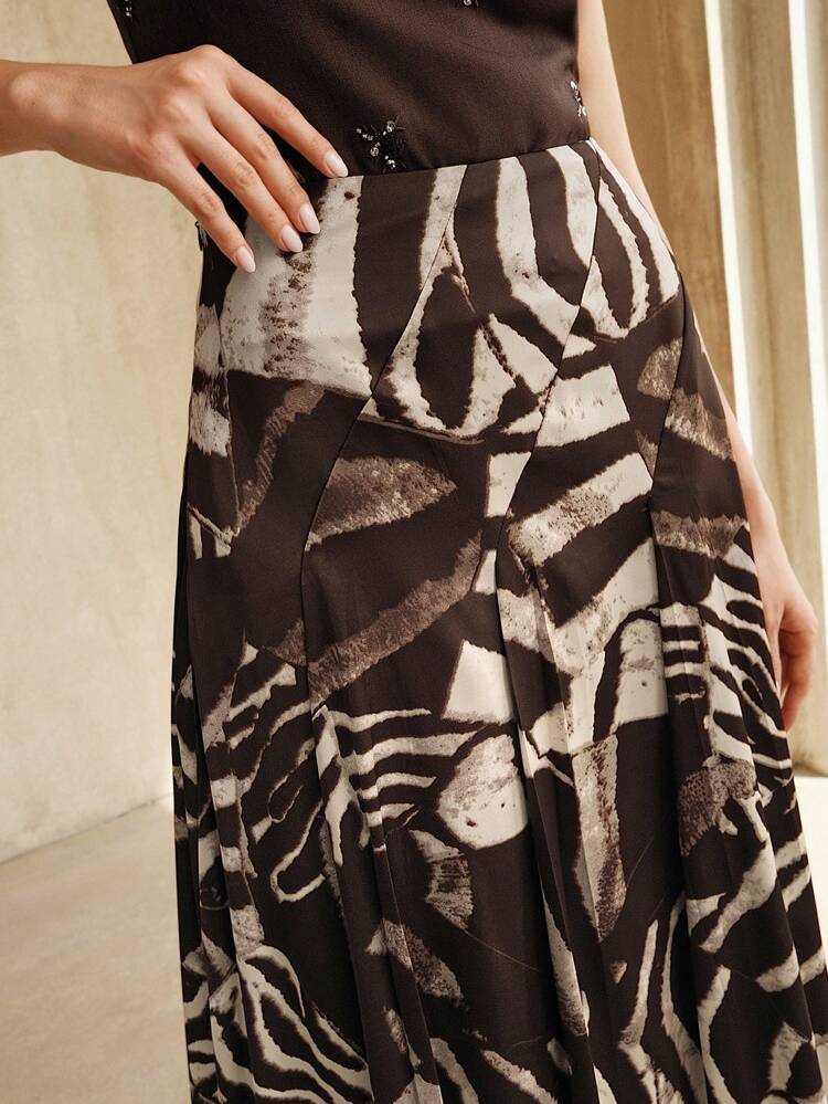 Elegant Vintage Style Pleated Flare Hem Digital Print Women's Midi Skirt