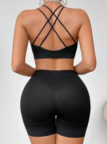 SHEIN 2 peças/Conjunto Sutiã Esportivo Casual Feminino Sem Fio Confortável com Enchimento Removível e Alças Cruzadas nas Costas, e Calcinha Tipo Cintura Alta - Preto - Visão 3