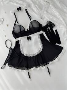 6pcs Plus Size Maid Costume Set Including Ruffled Lace Splicing Sling Dress And Fishnet Stockings - Black and White - View 4