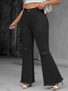 SHEIN Essnce Jeans acampanados de mujer talla grande en color rosa desgarrado con estiramientos, adecuados para vacaciones, Día de San Valentín, estilo Y2K - Negro - Ver 3