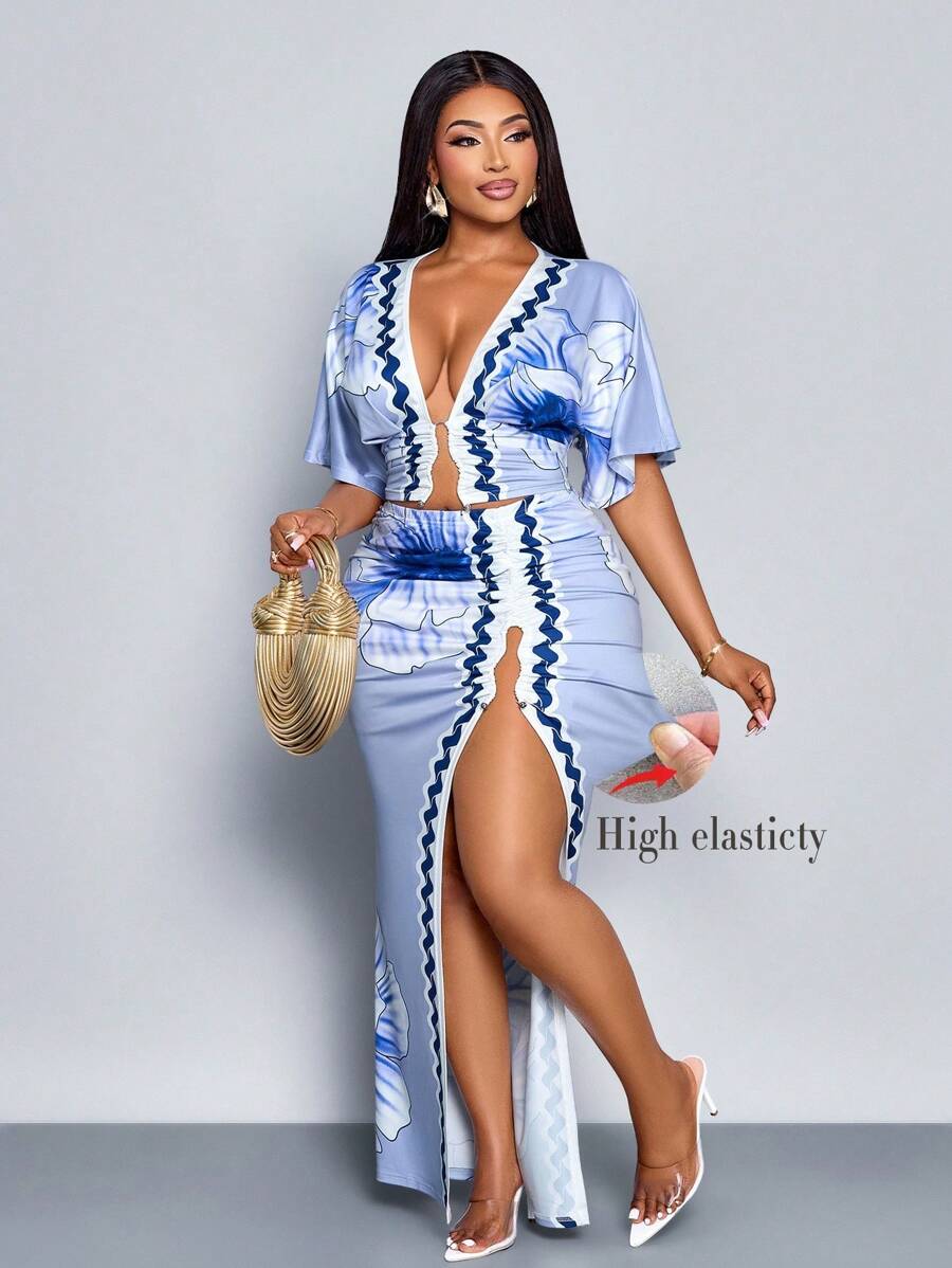 SOLERSUN Plus Size Women's Fashion Floral Positioning Print Metal Buckle Decoration Slit Hollow Lace Two Pieces Suit, Spring And Summer Suit Wear, Seaside Vacation Two Pieces Suit - Blue - View 1