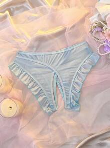 浅蓝色和水蓝色开裆荷叶边透明网眼拼接优雅性感女士内裤，开裆内衣采用交叉设计