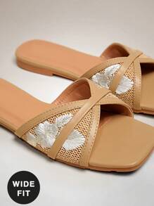 SHUZIA 女式宽版时尚舒适草编拉菲草带平底凉鞋 - 米色 - 查看 7