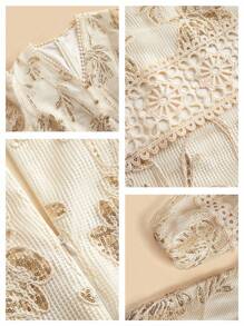 Anewsta 优雅休闲V领闪亮装饰灯笼袖长裙 - 杏色 - 查看 8