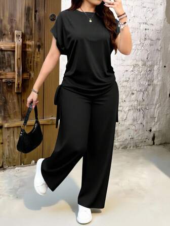 EMERY ROSE 2 piezas Conjunto informal de unicolor de talla grande, adecuado para el verano