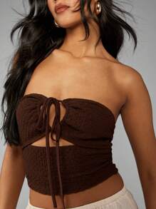 MISSGUIDED Textured Ruched Halter Crop Top Bustier Corset Style Evening Party Club Bandeau Summer Beach Tank Festival Bralette Resort Wear Chic Essential - Coffee Brown - View 3