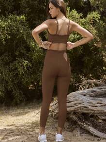 Aralina Leisurwear Ruffle Trim Sleeveless High Waisted Workout Crop And Legging Two Pieces Set - Brown - View 2