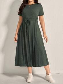 Comfylo Plus Size Women's Round Neck Drawstring Waist Dress - Army Green - View 1