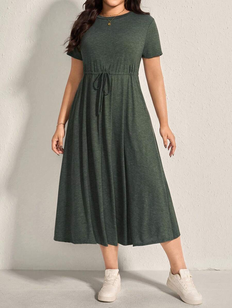 Comfylo Plus Size Women's Round Neck Drawstring Waist Dress - Army Green - View 1