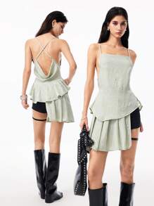 LYSMO Woman's Light Green Asymmetrical Strap Backless Top And Pleated Skirt Two Pieces Set - New Arrival Spring/Summer 2025 - Green - View 1